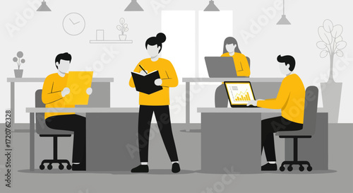 Team of office workers collaborating on projects, reviewing documents and using laptops in a modern workspace.