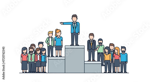 Leader addressing a large group from a podium, emphasizing hierarchy and direction.