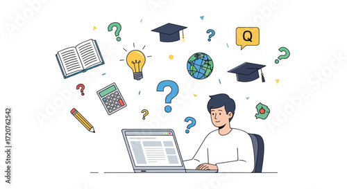 Student researching online, surrounded by educational symbols and questions.