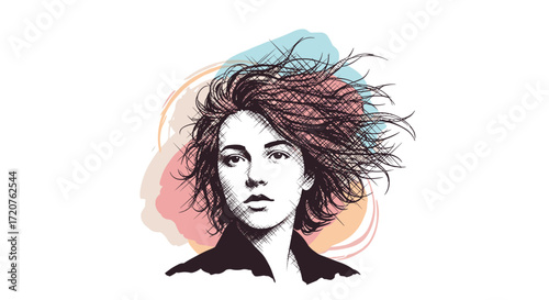 A sketch of a woman with windswept hair against a colorful abstract background.