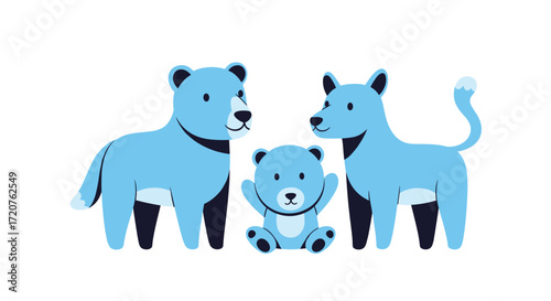 A playful family of blue cartoon animals with a mother bear and father dog guarding their cub.