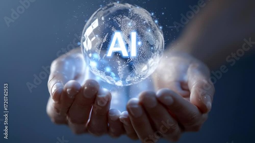 Spinning Crystal ball with AI text in hands, version 2