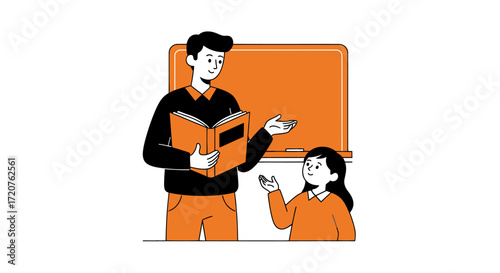 A teacher explains a lesson to a student in a simple classroom setting.
