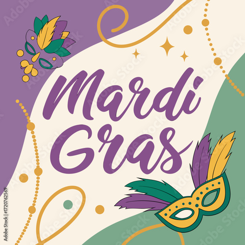 Colorful Mardi Gras vector with carnival masks, feathers, confetti and festive decoration in purple, green and gold