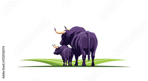 Two magnificent purple bulls stand tall on a grassy field.