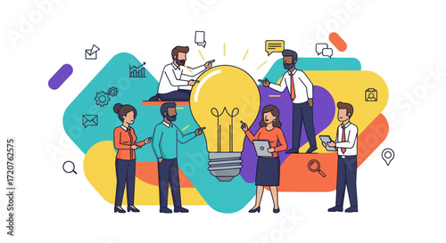Diverse team collaborates, brainstorming innovative ideas around a giant lightbulb, symbolizing creativity and teamwork.