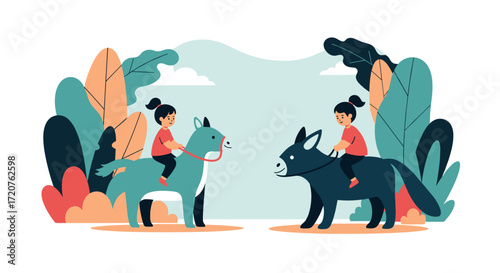 Two children riding on donkeys in a park with trees and leaves.