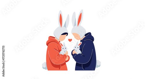 A heartwarming illustration of two individuals dressed as rabbits holding baby bunnies in a loving embrace