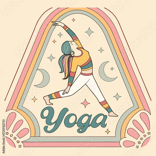 Vector illustration of a woman doing yoga in a retro colorful style with stars, moons, and rainbow elements. Perfect for wellness, meditation, fitness, and lifestyle design projects