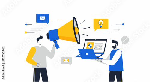 Two men collaborate on a marketing campaign, using a megaphone and laptop to announce and strategize.