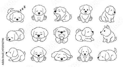 Collection of adorable hand drawn puppies in various cute poses depicting playful and sleepy moments.