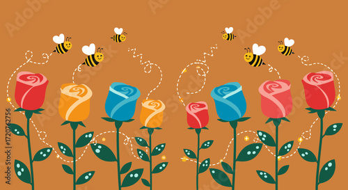 Whimsical garden scene with vibrant roses and busy bees fluttering around.