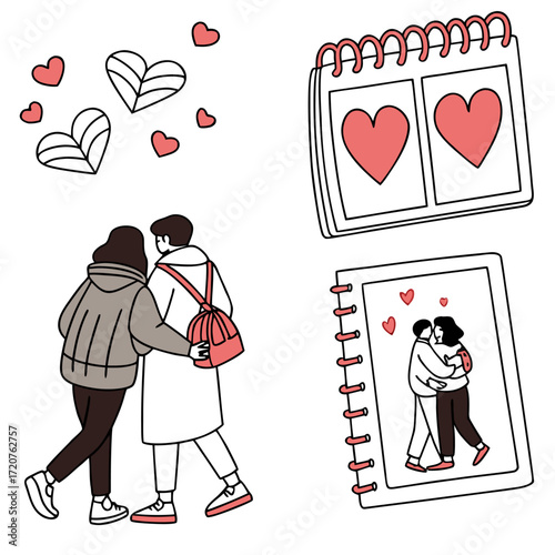 Vector illustration of a romantic couple walking and hugging, with hearts, calendar, and notebook. Perfect for Valentine’s Day, love, relationships, and romantic design projects