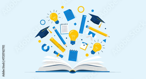 Open book surrounded by educational icons, symbolizing knowledge and learning.