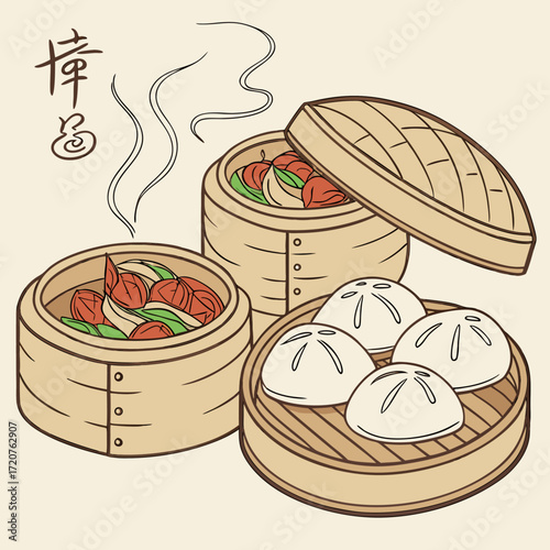 Vector illustration of dim sum and bao buns served in traditional bamboo steamers. Perfect for Asian cuisine, restaurant menus, food culture, and culinary design projects
