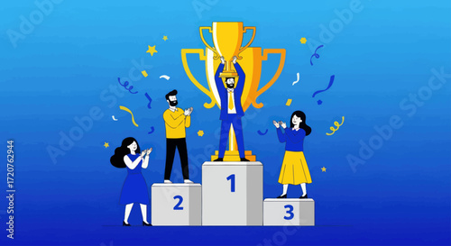 Triumphant businessman celebrates victory, holding a golden trophy on a winner's podium with cheering colleagues.