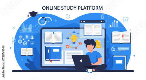 A young person studies online using a laptop on a large digital study platform.