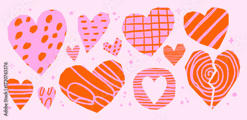 Cut out heart with crayon scribbles and patterns. Girly irregular paper stickers with sketchy lipstick texture. Pink and red collage figures for zine art. Vector Valentine’s scrapbook.