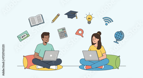 Two students collaborate online, using laptops, surrounded by educational icons.