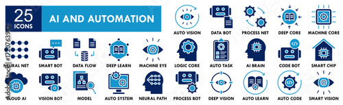 AI and Automation icon collection set. Containing design technology, automation, digital, ai, business, data