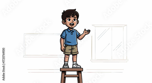 A young boy standing on a stool with an open mouth and a pointing gesture towards a blank wall with a window nearby