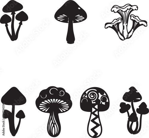 A charming vector set of whimsical cartoon mushrooms, perfect for food or nature illustrations