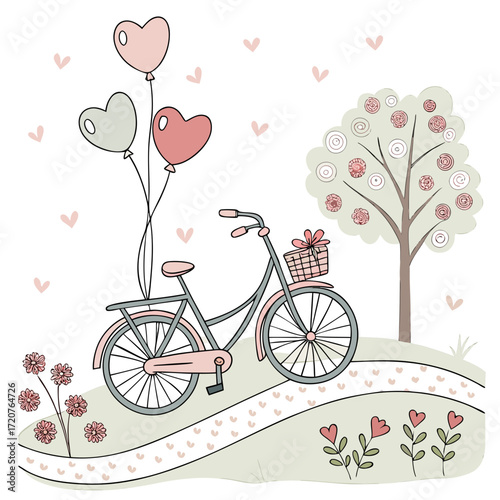 Cute bicycle with heart shaped balloons
