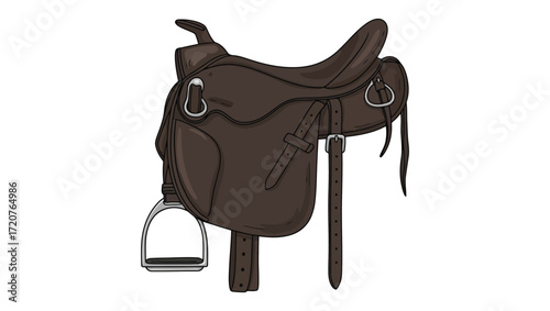Detailed vector illustration of a traditional brown leather equestrian saddle with stirrup, isolated for horseback riding sports and hobby design concepts