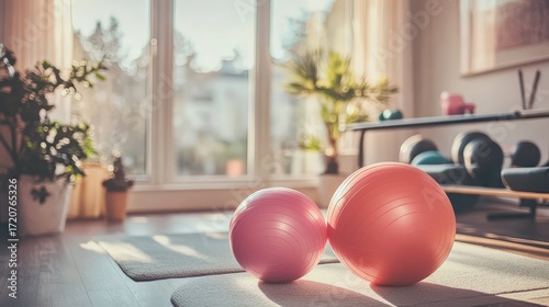 Bright and Inviting Home Gym with Exercise Balls and Weights