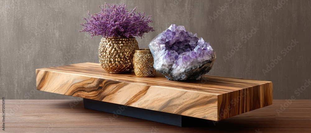 Obraz premium crystal geode decor concept. Elegant wooden display with crystals and dried flowers atop a sleek surface.