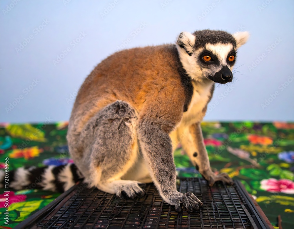 Fototapeta premium Ring-tailed lemur sits on a platform