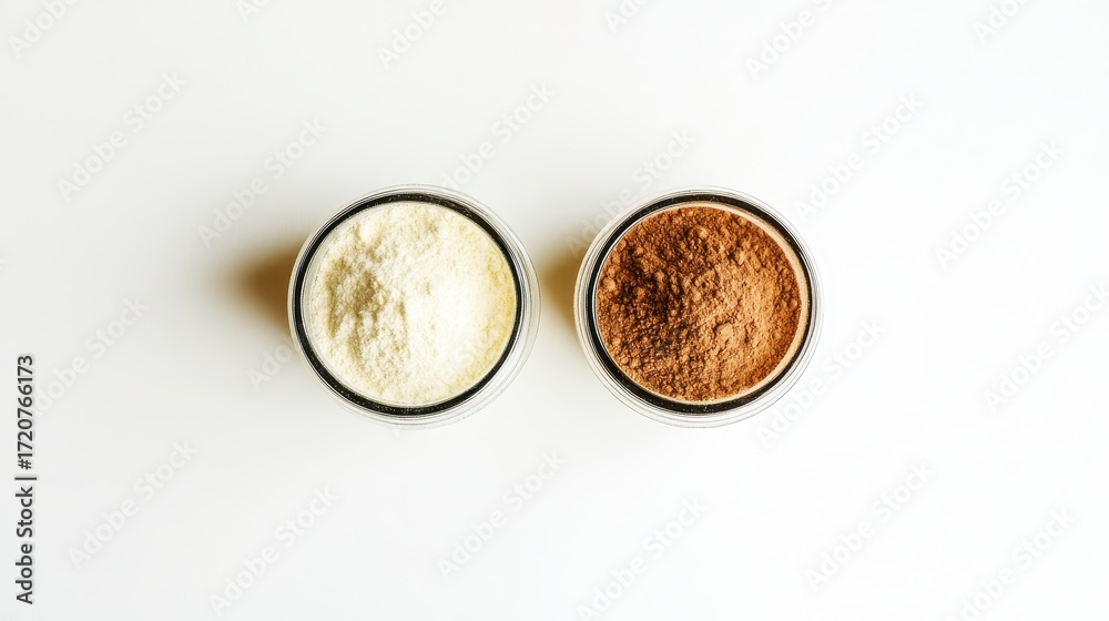 Fototapeta premium Fine White and Brown Powders in Glass Containers on White Surface
