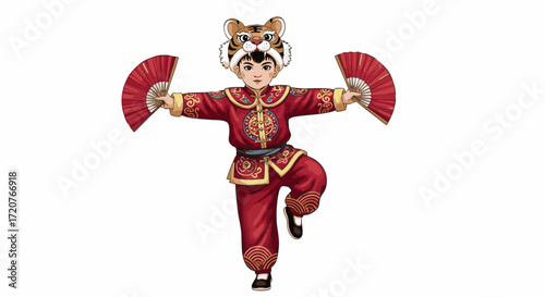 A dancer in a traditional costume performs a dynamic pose with fans and a tiger mask