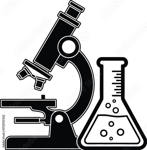 Black microscope and flask on white, science and research equipment