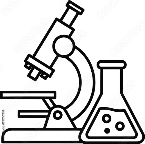 Microscope with Laboratory Flask on Plain Background, Science Equipment