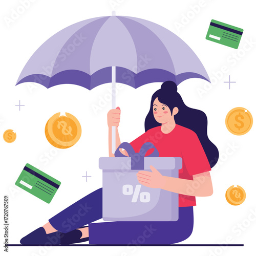 Fincer Fintech Illustration. Vector illustration of Woman holding an umbrella and gift box, symbolizing discounts, cashback, and secure card benefits. Isolated on background