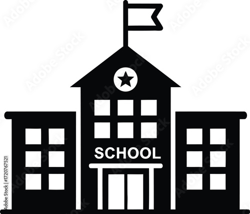Black school building icon with flag on top, education and learning