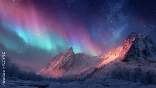 Northern night landscape at winter with snow mountain and aurora, version 3