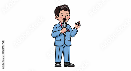 A cartoon man in a blue suit holding a microphone and speaking