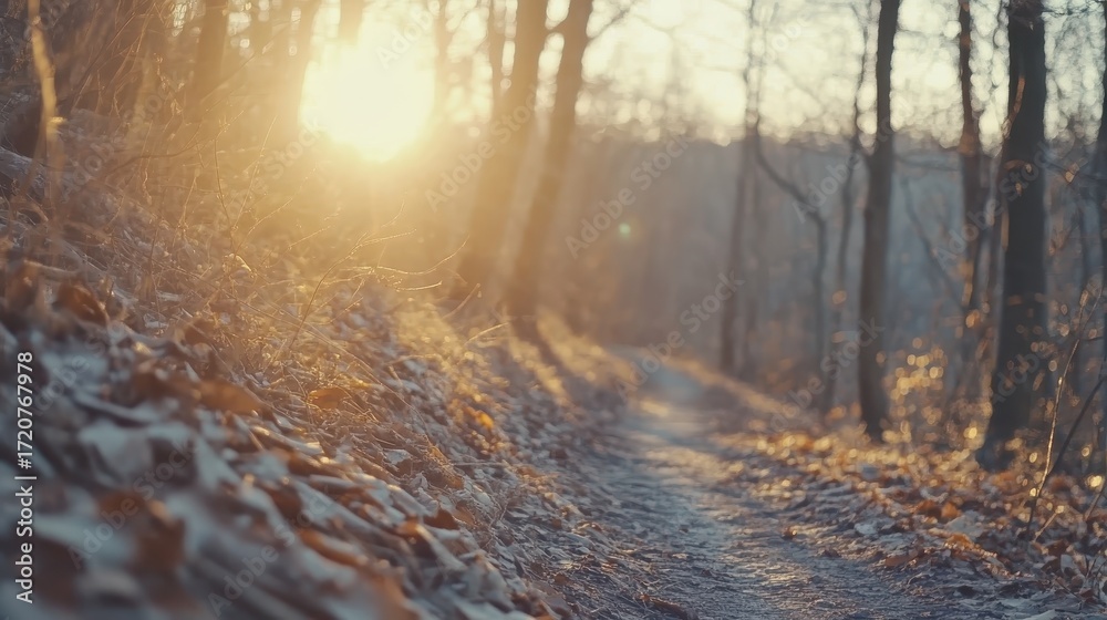 Fototapeta premium Serene Sunlight Illuminating a Peaceful Forest Trail Pathway