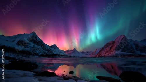 Northern night landscape at winter with snow mountain and aurora, version 2