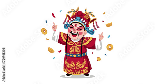 A joyful cartoon character in traditional attire celebrating surrounded by confetti and coins