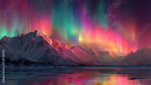 Northern night landscape at winter with snow mountain and aurora, version 1