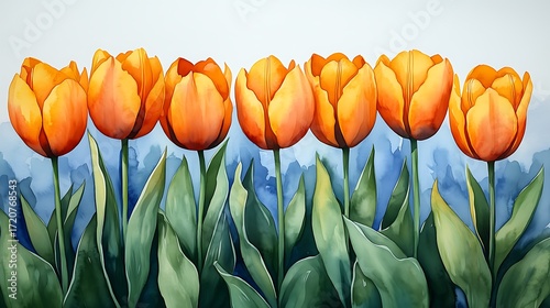 Row of Seven Vibrant Orange Tulips: Set Against a Serene Blue-and-White Watercolor Background, with Warm Petals & Green Stems