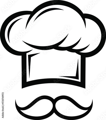 Black and White Chef Hat with Moustache on a White Background