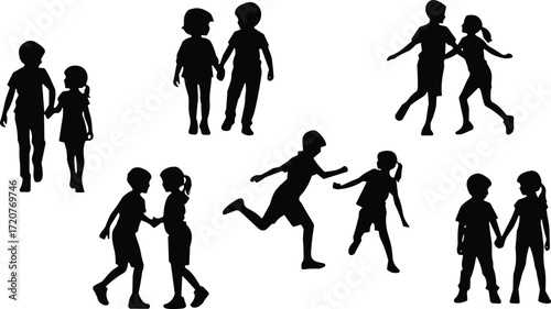 Children silhouette pairs, playful interaction poses, walking and running figures, friendship theme, black vector icons, white background, childhood activity illustration