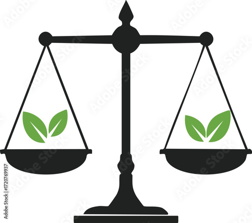 A balanced scale of justice with green leaves on each pan, symbolizing environmental law, sustainability, and ecological ethics