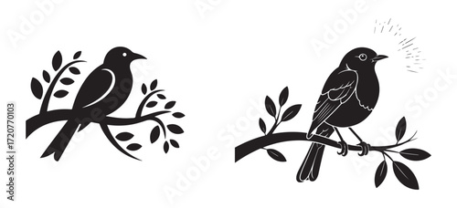 Bird Silhouette on Tree Branch Vector Illustration