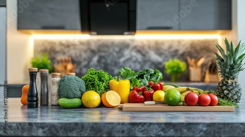 Fresh and Colorful Vegetables and Fruits on Kitchen Countertop Display