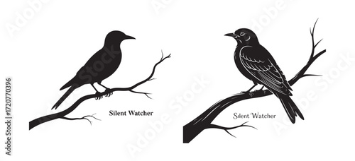 Bird Silhouette on Tree Branch Vector Illustration